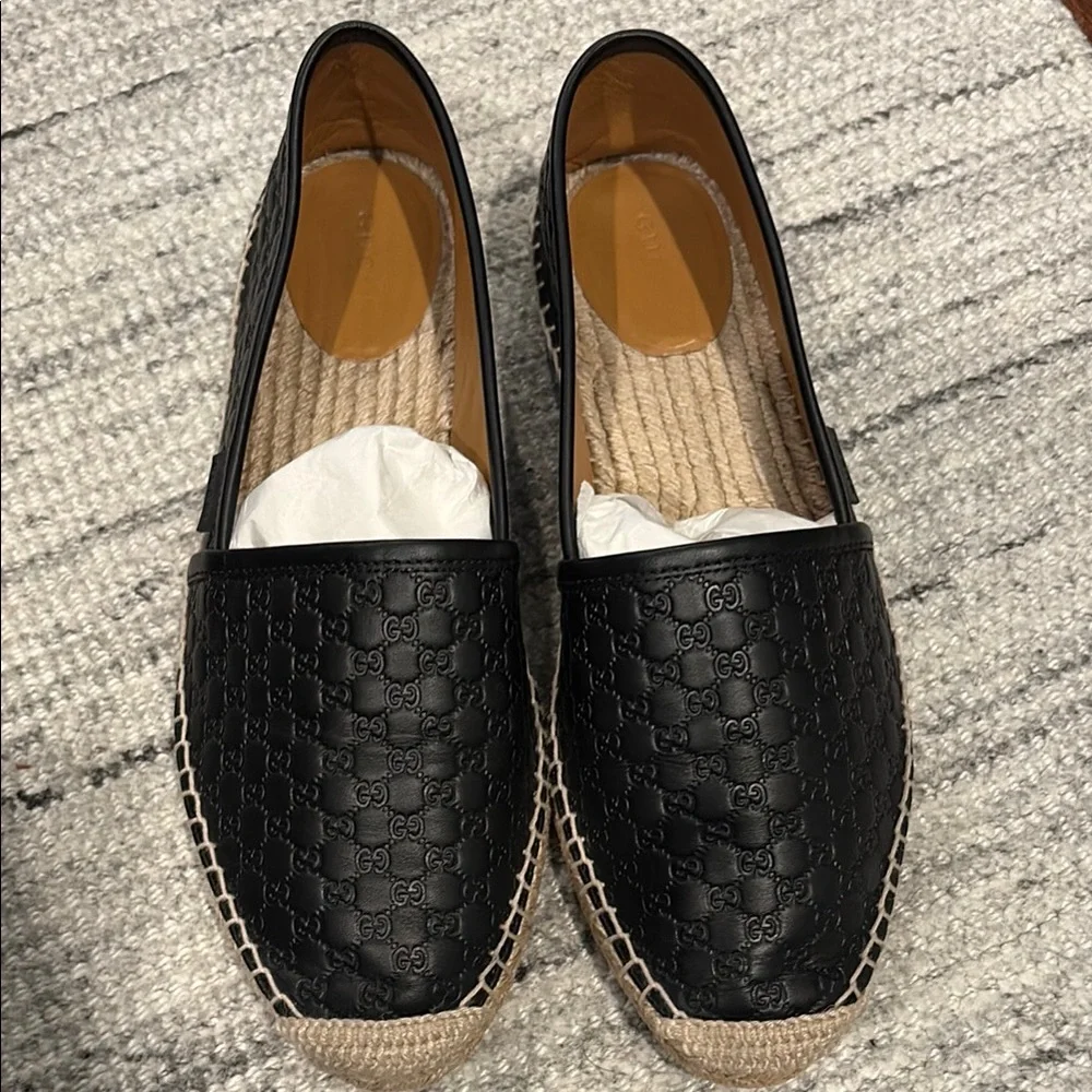 Gucci Black Leather Espadrilles with Natural Jute Trim